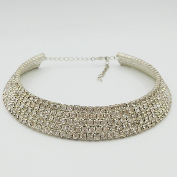 Five Row Thick Silver Tone Prong Set Rhinestone Choker Necklace 12” Plus - Picture 3 of 6